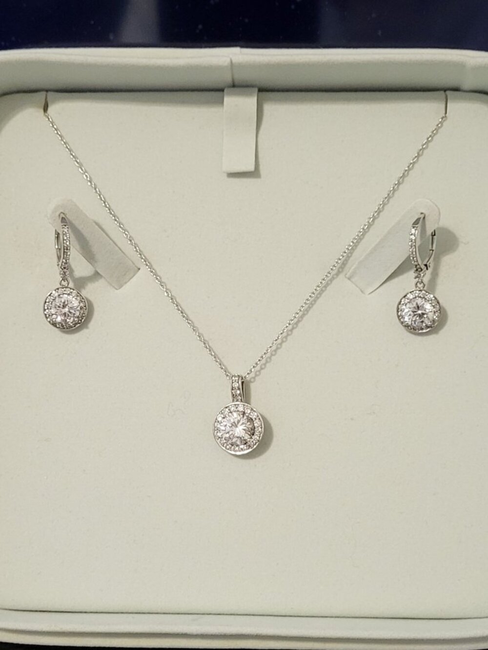 Designer STAUER  Halo Cubic Zirconia Sterling Silver Necklace and Earring Set